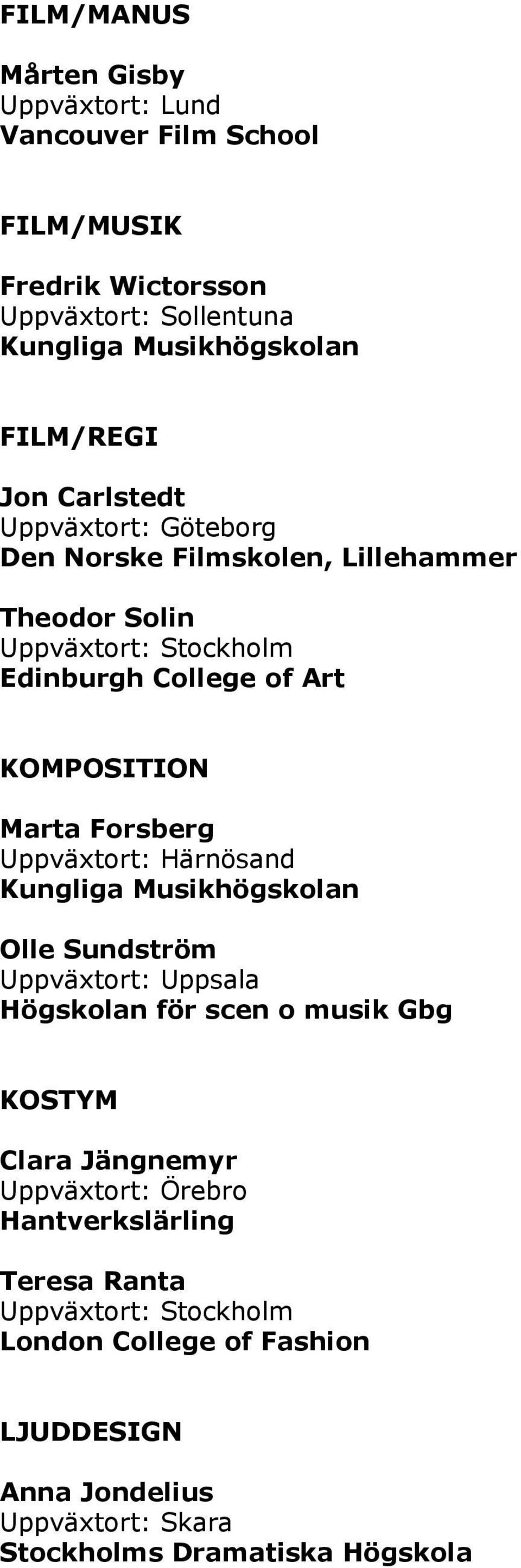 Marta Forsberg Uppväxtort: Härnösand Kungliga Musikhögskolan Olle Sundström Uppväxtort: Uppsala Högskolan för scen o musik Gbg