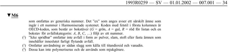 Koden med fetstil i första kolumnen är OECD-koden, som består av bokstäver (G = grön, A = gul, R = röd för listan och en bokstav för avfallskategorin: A, B,