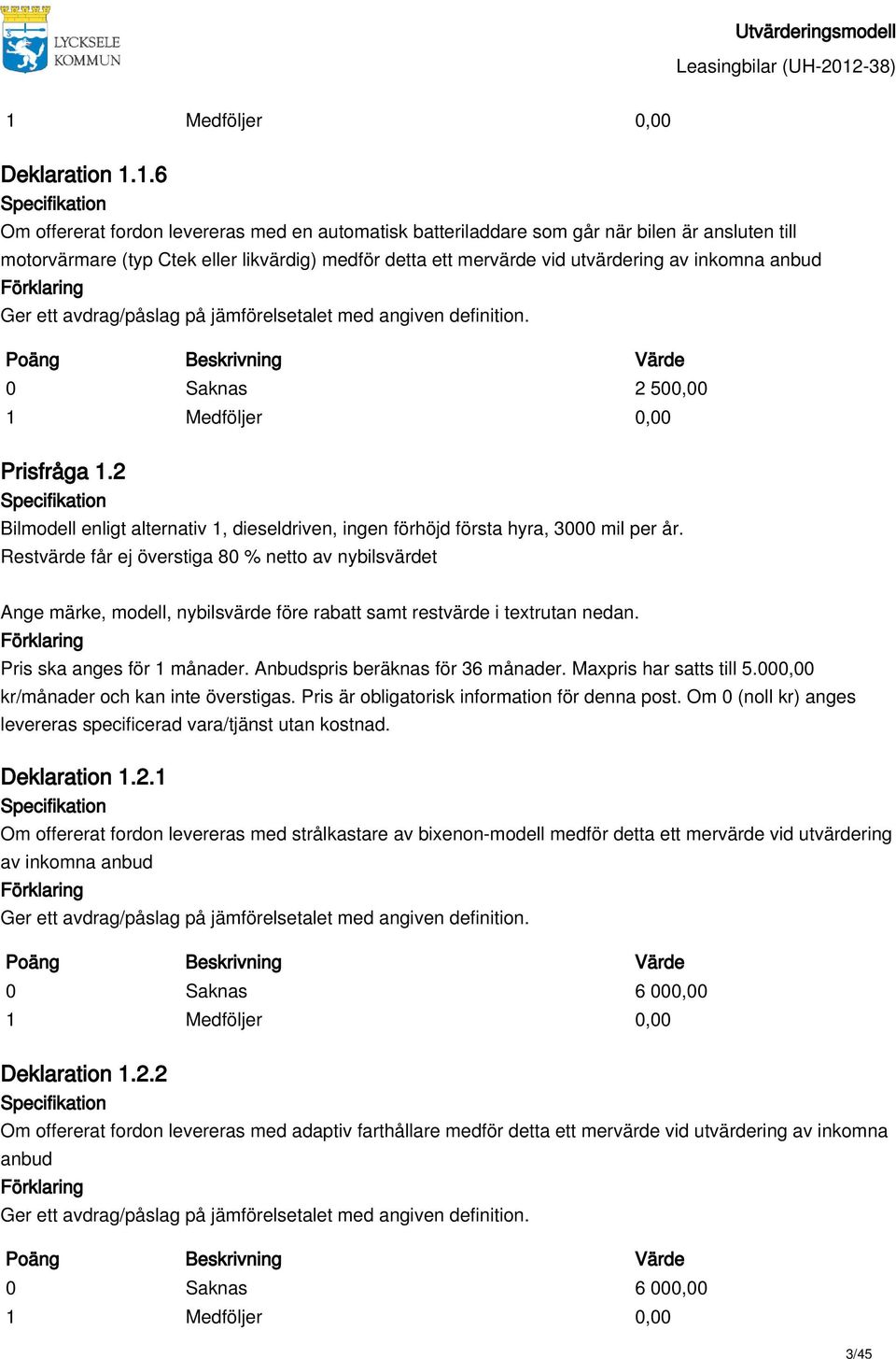 Prisfråga 1.2 Bilmodell enligt alternativ 1, dieseldriven, ingen förhöjd första hyra, 3000 mil per år.