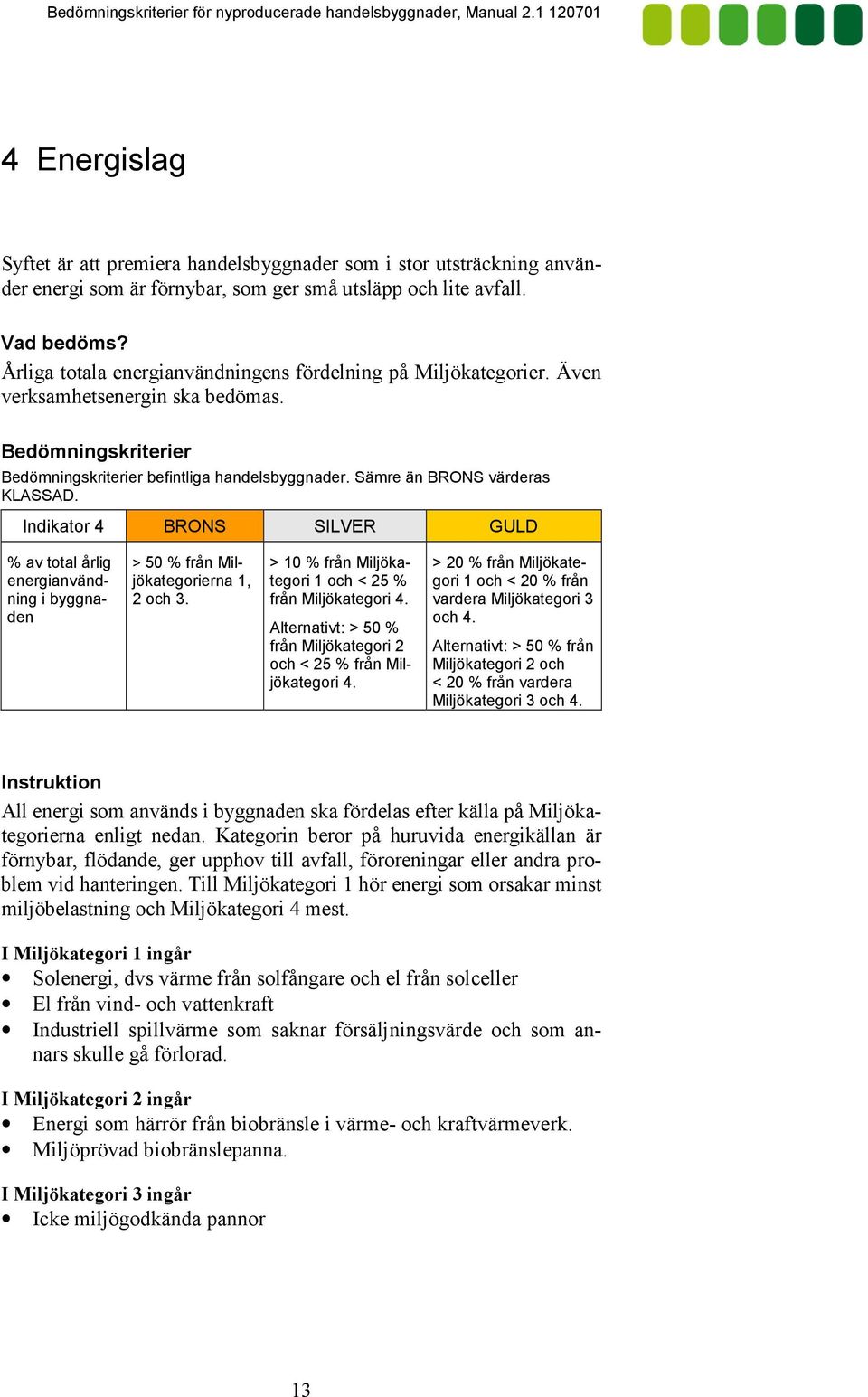 Sämre än BRONS värderas KLASSAD. Indikator 4 BRONS SILVER GULD % av total årlig energianvänd= ning i byggna= den > 50 % från Mil= jökategorierna 1, 2 och 3.
