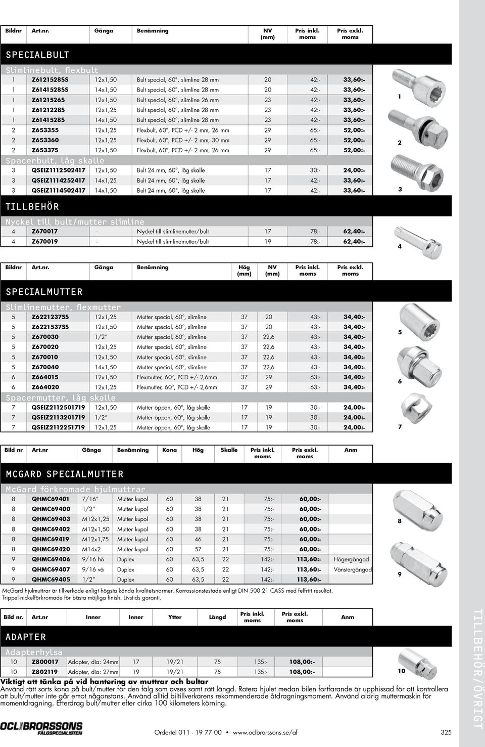 60, slimline 26 mm 23 42:- 33,60:- 1 Z6121228S 12x1,25 Bult special, 60, slimline 28 mm 23 42:- 33,60:- 1 Z6141528S 14x1,50 Bult special, 60, slimline 28 mm 23 42:- 33,60:- 2 Z653355 12x1,25