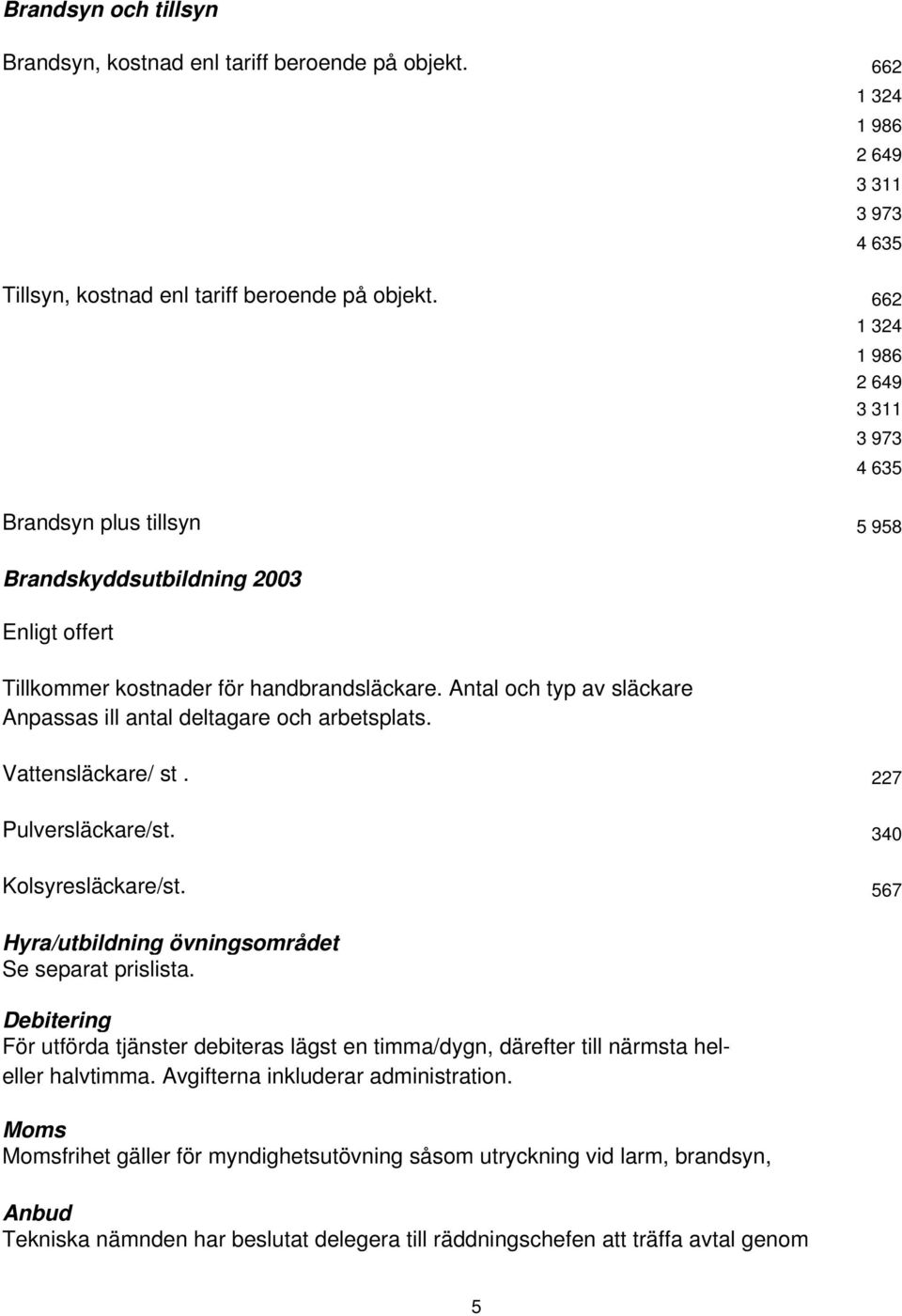 Antal och typ av släckare Anpassas ill antal deltagare och arbetsplats. Vattensläckare/ st. 227 Pulversläckare/st. 340 Kolsyresläckare/st. 567 Hyra/utbildning övningsområdet Se separat prislista.