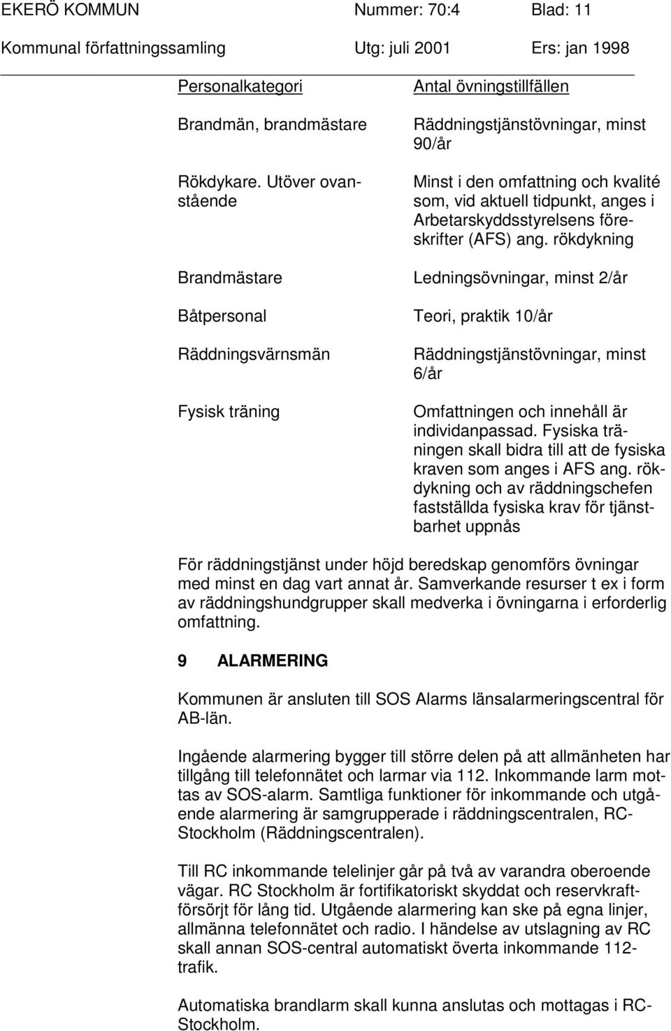 Arbetarskyddsstyrelsens föreskrifter (AFS) ang. rökdykning Ledningsövningar, minst 2/år Teori, praktik 10/år Räddningstjänstövningar, minst 6/år Omfattningen och innehåll är individanpassad.