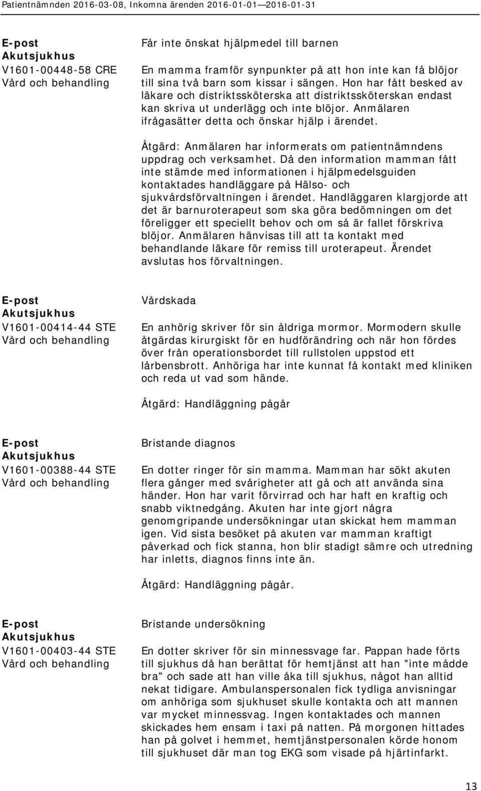 Åtgärd: Anmälaren har informerats om patientnämndens uppdrag och verksamhet.
