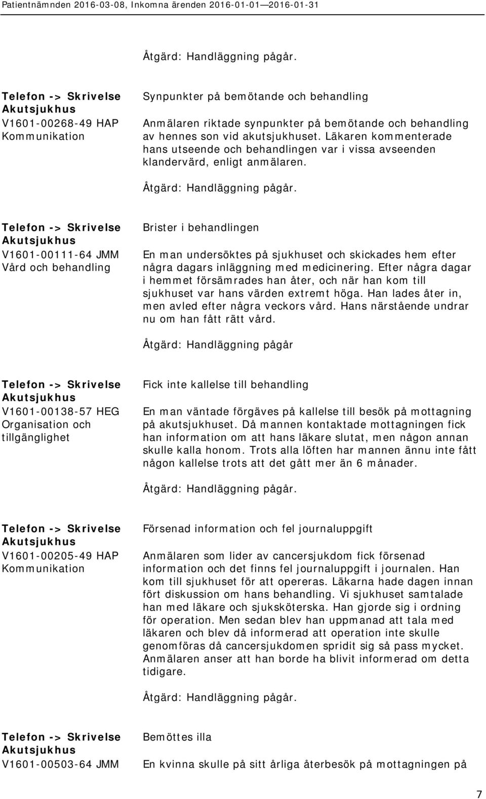 Telefon -> V1601-00111-64 JMM Brister i behandlingen En man undersöktes på sjukhuset och skickades hem efter några dagars inläggning med medicinering.