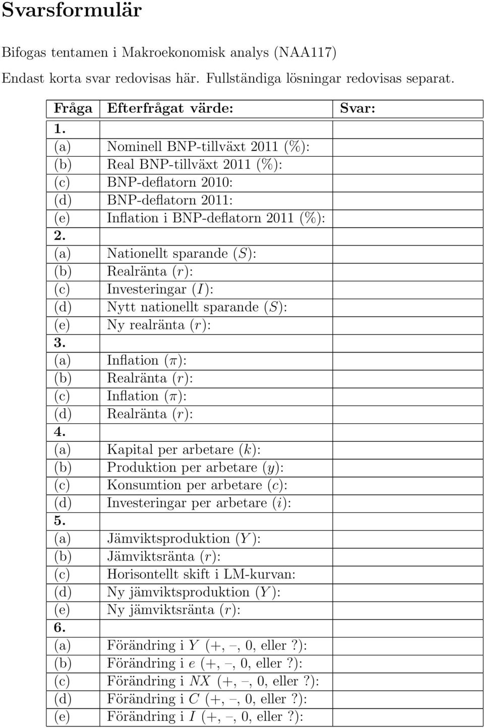 (a) Nationellt sparande (S): (b) Realränta (r): (c) Investeringar (I): (d) Nytt nationellt sparande (S): (e) Ny realränta (r): 3.