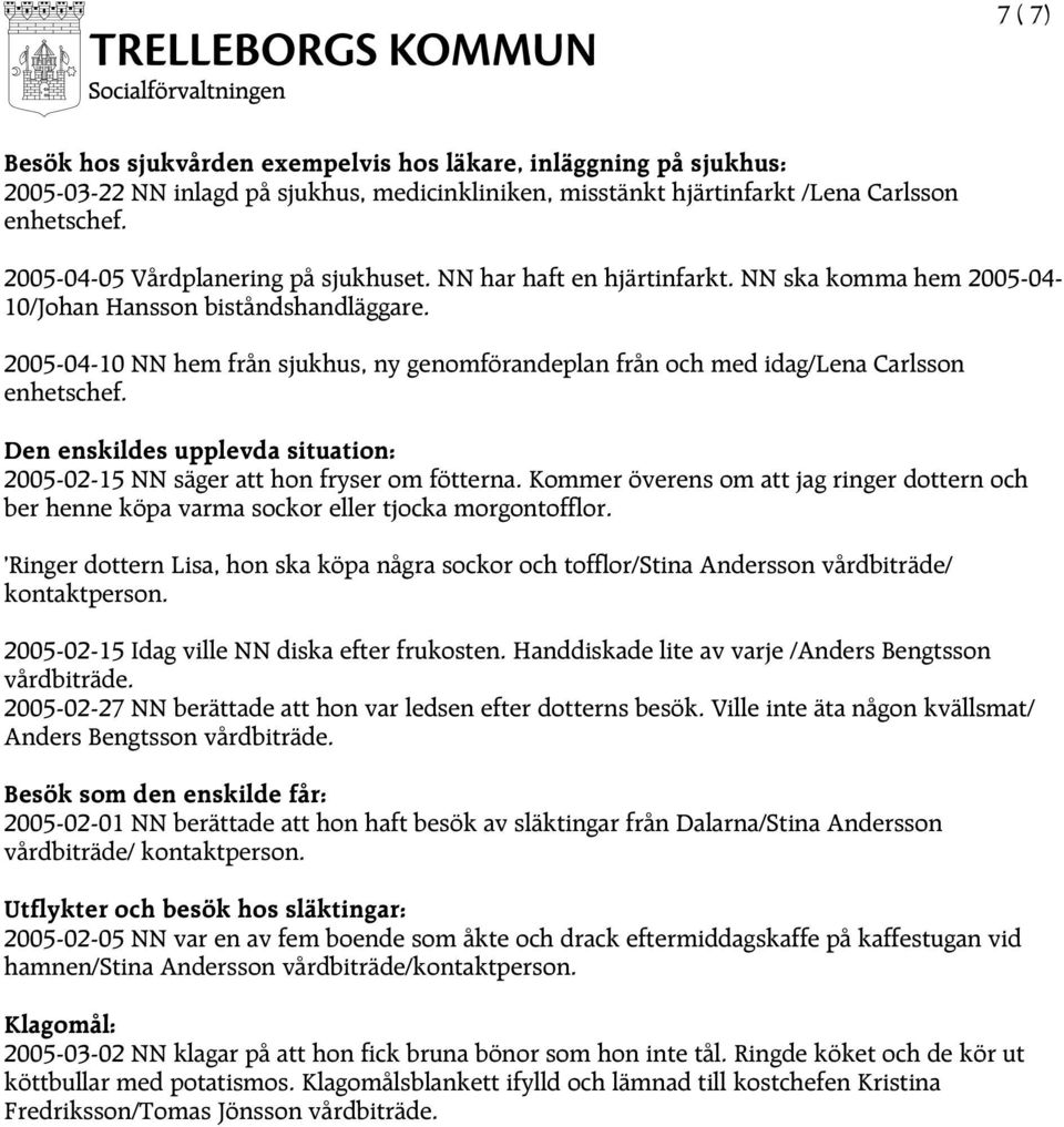 2005-04-10 NN hem från sjukhus, ny genomförandeplan från och med idag/lena Carlsson enhetschef. Den enskildes upplevda situation: 2005-02-15 NN säger att hon fryser om fötterna.