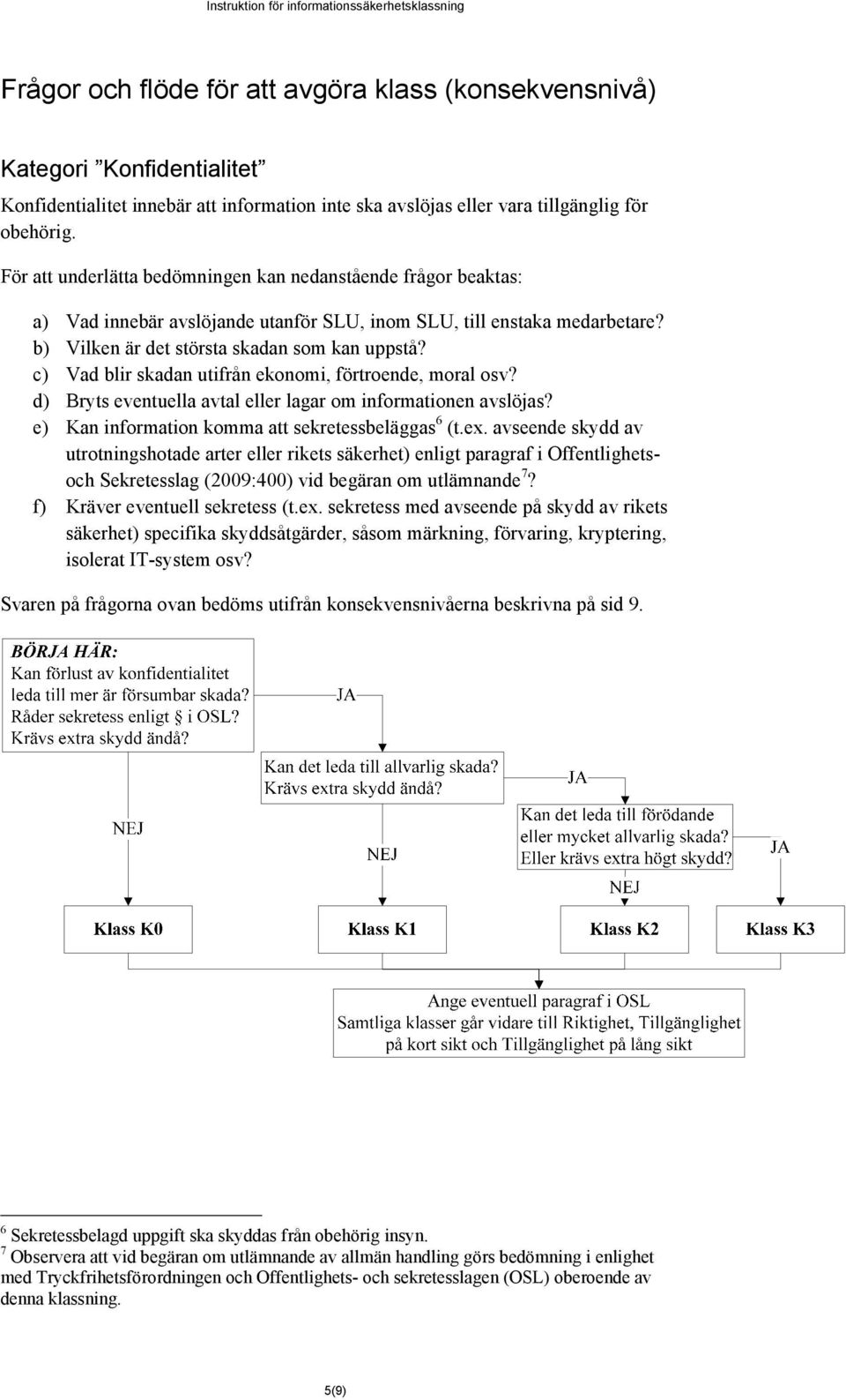 c) Vad blir skadan utifrån ekonomi, förtroende, moral osv? d) Bryts eventuella avtal eller lagar om informationen avslöjas? e) Kan information komma att sekretessbeläggas 6 (t.ex.