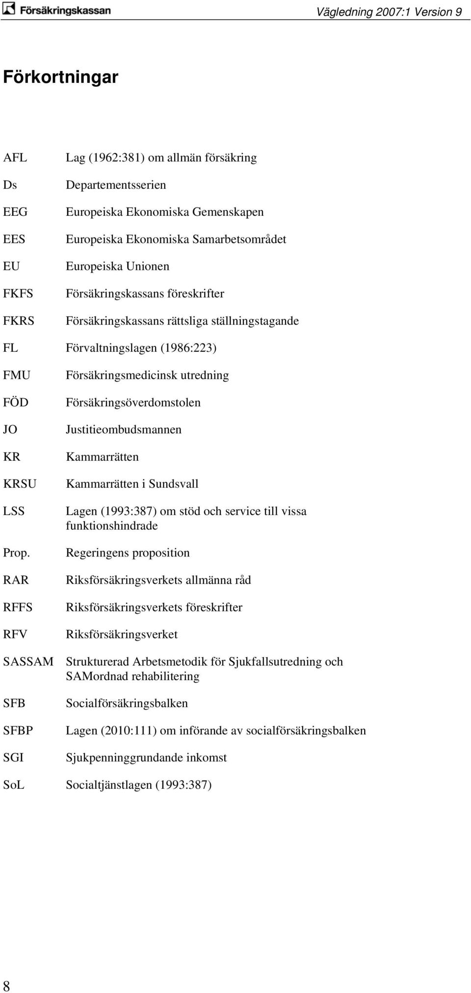 RAR RFFS RFV Försäkringsmedicinsk utredning Försäkringsöverdomstolen Justitieombudsmannen Kammarrätten Kammarrätten i Sundsvall Lagen (1993:387) om stöd och service till vissa funktionshindrade