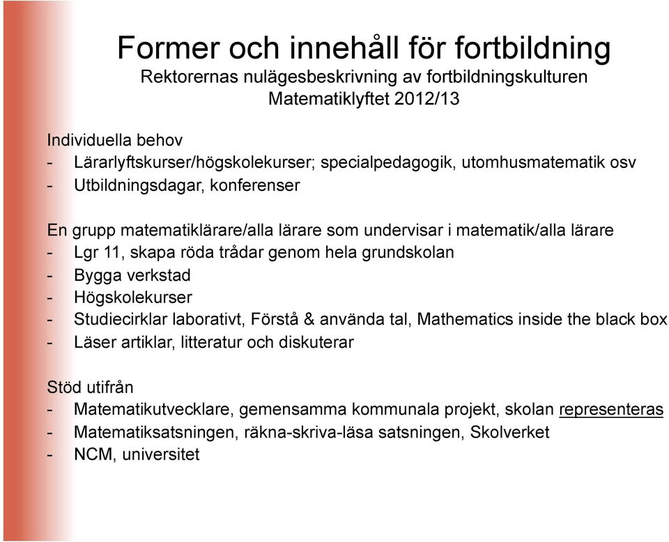 genom hela grundskolan - Bygga verkstad - Högskolekurser - Studiecirklar laborativt, Förstå & använda tal, Mathematics inside the black box - Läser artiklar, litteratur och