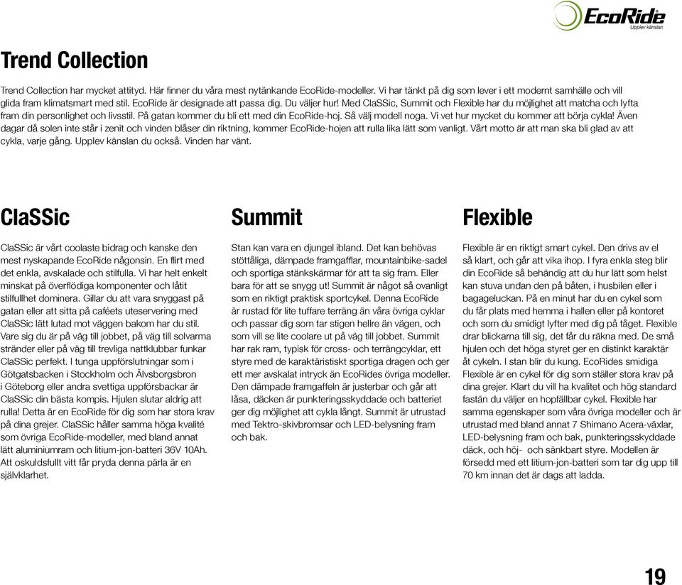 Med ClaSSic, Summit och Flexible har du möjlighet att matcha och lyfta fram din personlighet och livsstil. På gatan kommer du bli ett med din EcoRide-hoj. Så välj modell noga.
