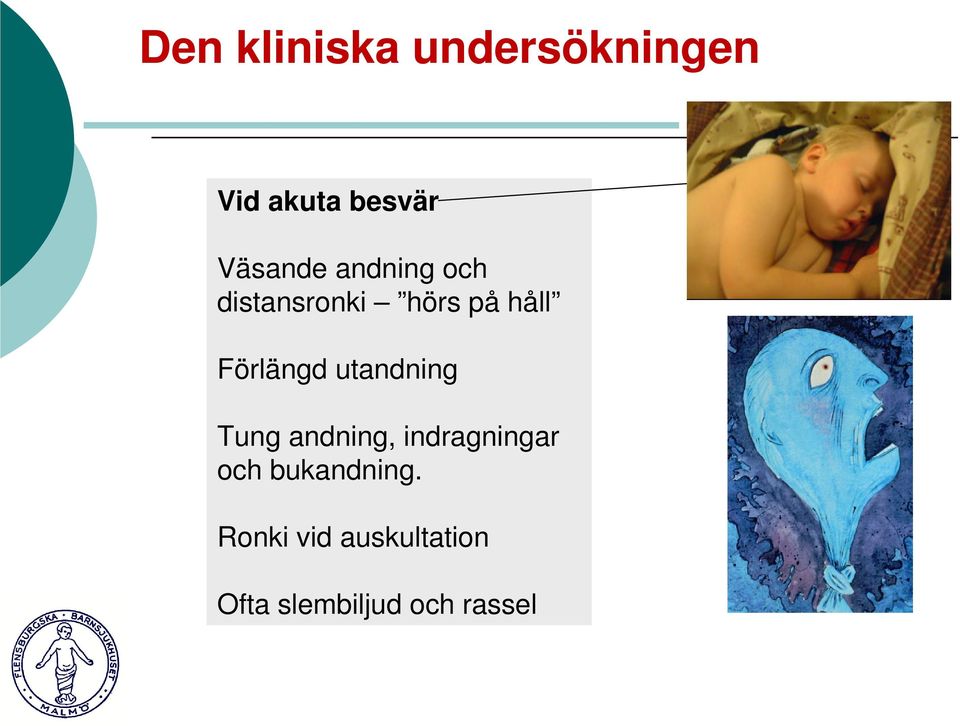 Förlängd utandning Tung andning, indragningar och