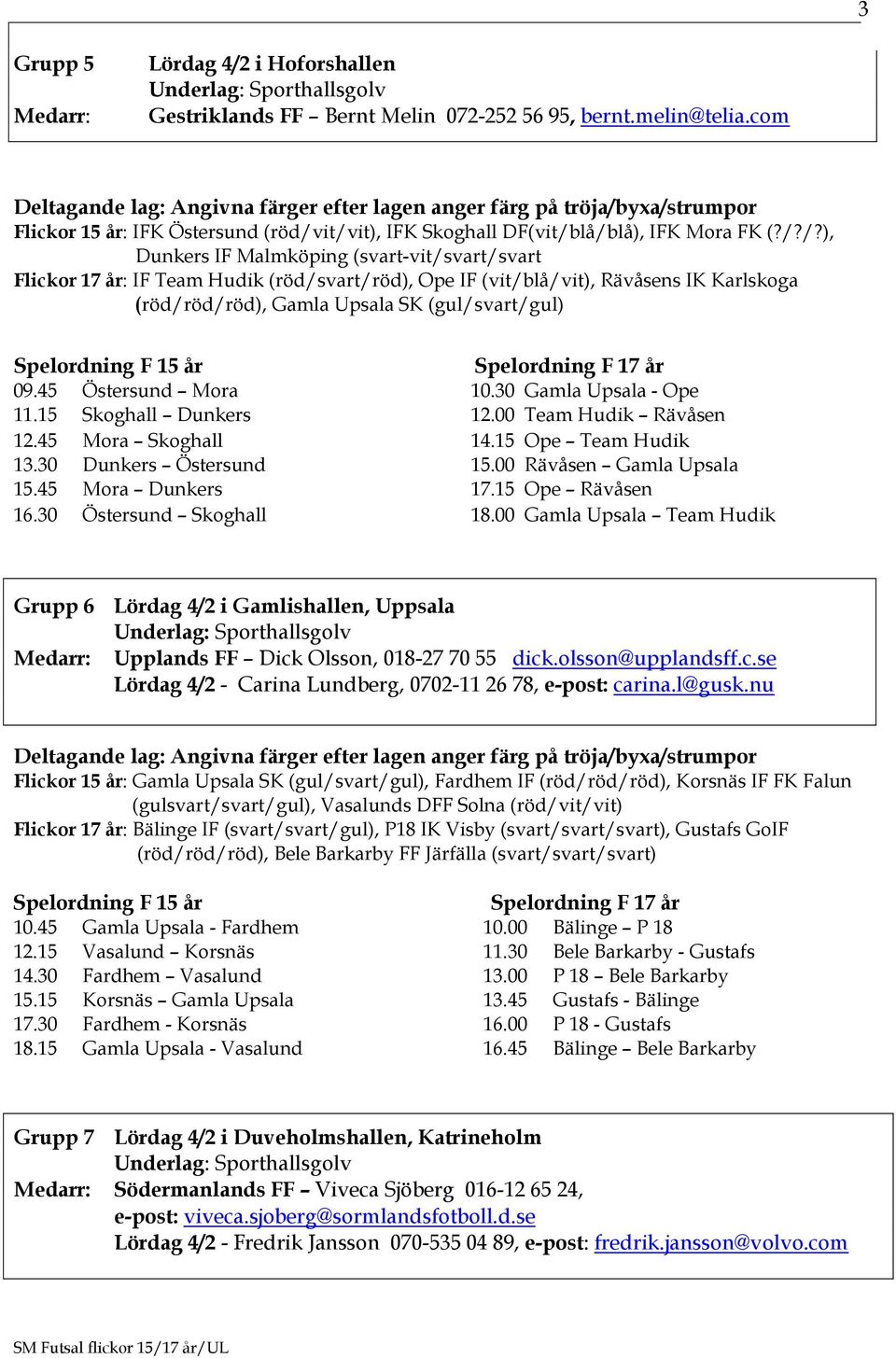 it/vit), IFK Skoghall DF(vit/blå/blå), IFK Mora FK (?/?/?), Dunkers IF Malmköping (svart-vit/svart/svart Flickor 17 år: IF Team Hudik (röd/svart/röd), Ope IF (vit/blå/vit), Rävåsens IK Karlskoga (röd/röd/röd), Gamla Upsala SK (gul/svart/gul) 09.