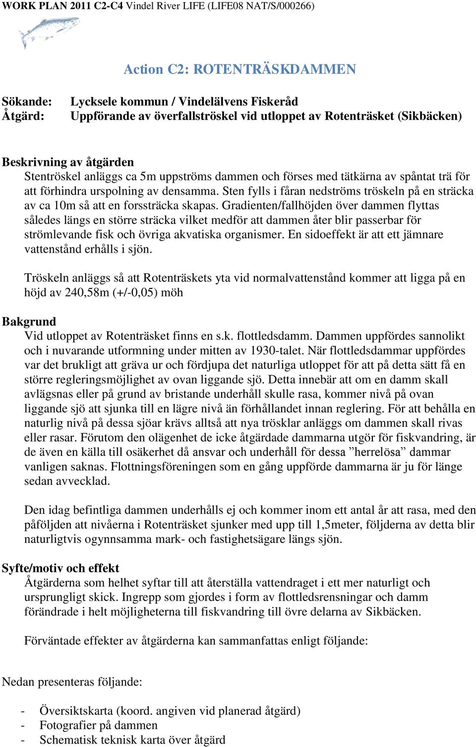Sten fylls i fåran nedströms tröskeln på en sträcka av ca 10m så att en forssträcka skapas.