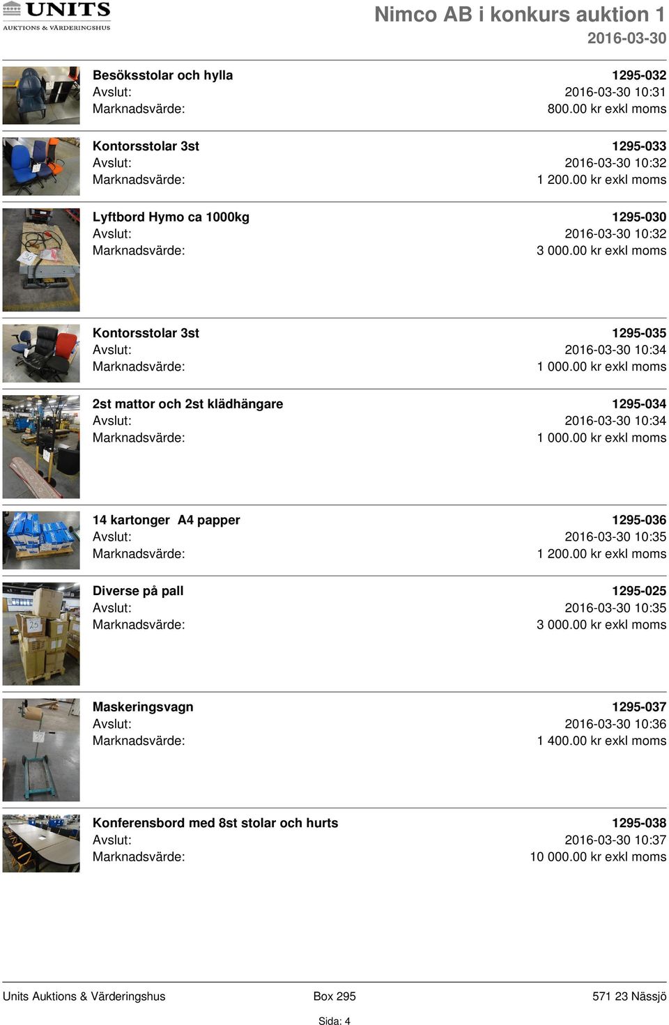 klädhängare 1295-034 Avslut: 10:34 14 kartonger A4 papper 1295-036 Avslut: 10:35 1 200.