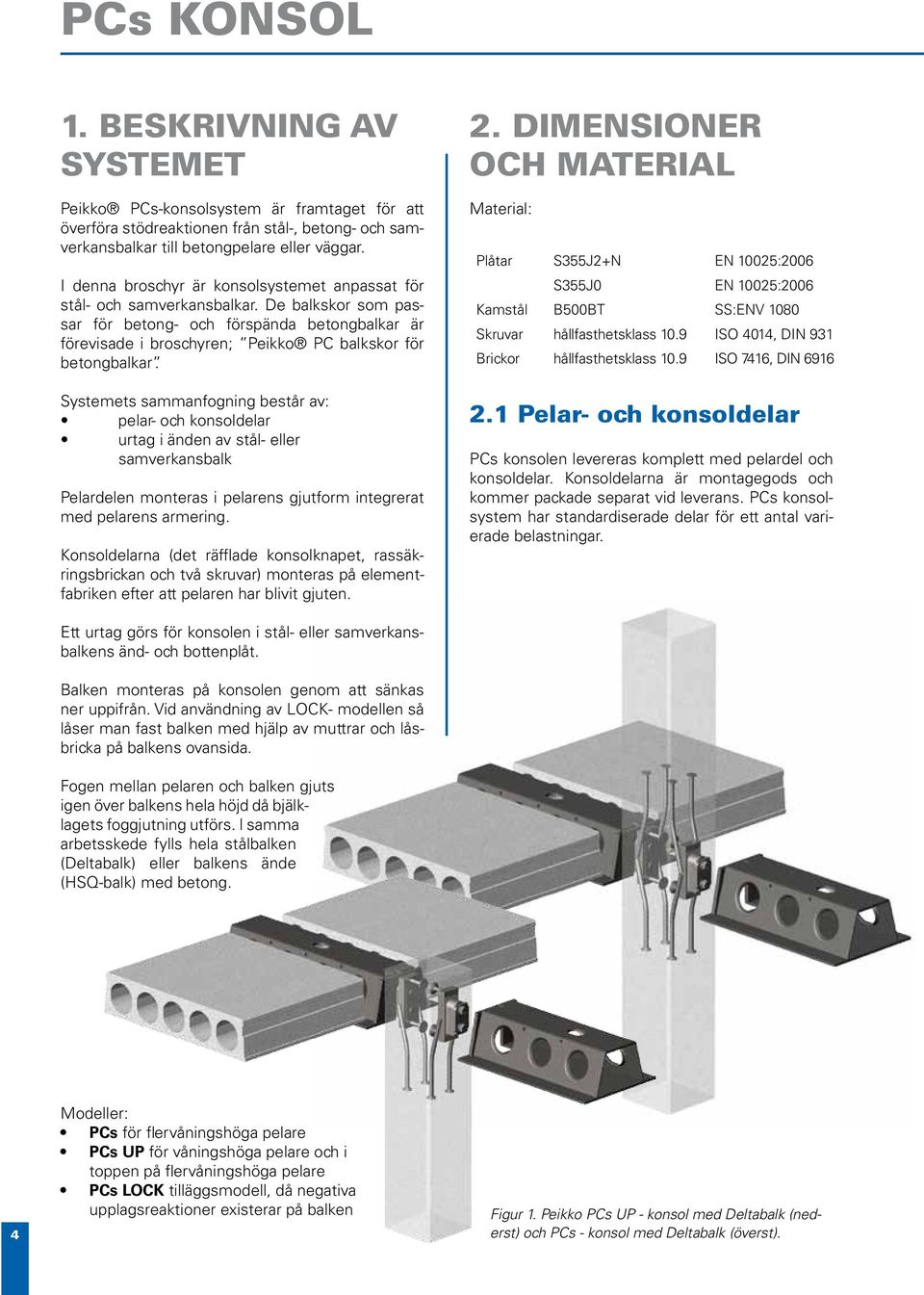 De balkskor som passar för betong- och förspända betongbalkar är förevisade i broschyren; Peikko PC balkskor för betongbalkar.