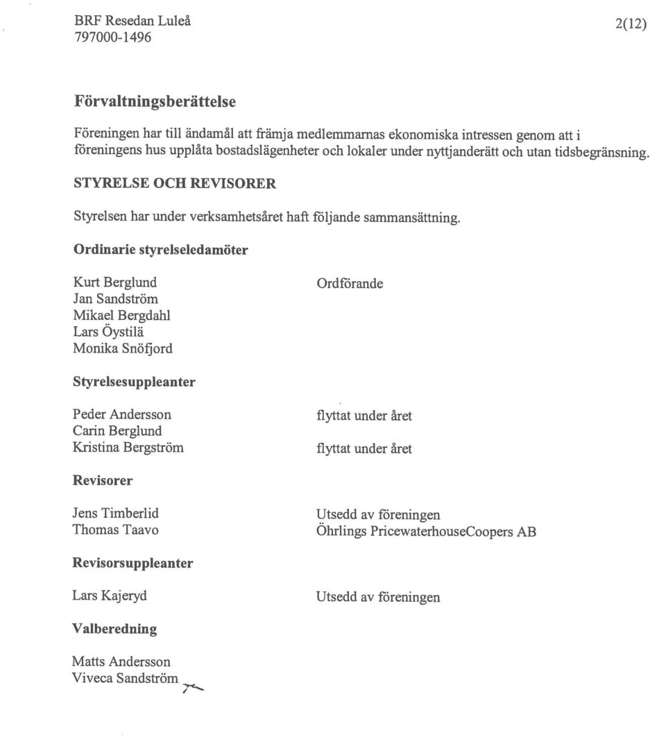 Ordinarie styrelseledamöter Kurt Berglund Jan Sandström Mikael Bergdahl Lars Oystilä Monika Snöfj ord Ordförande Styrelsesuppleanter Peder Andersson Carin Berglund Kristina Bergström