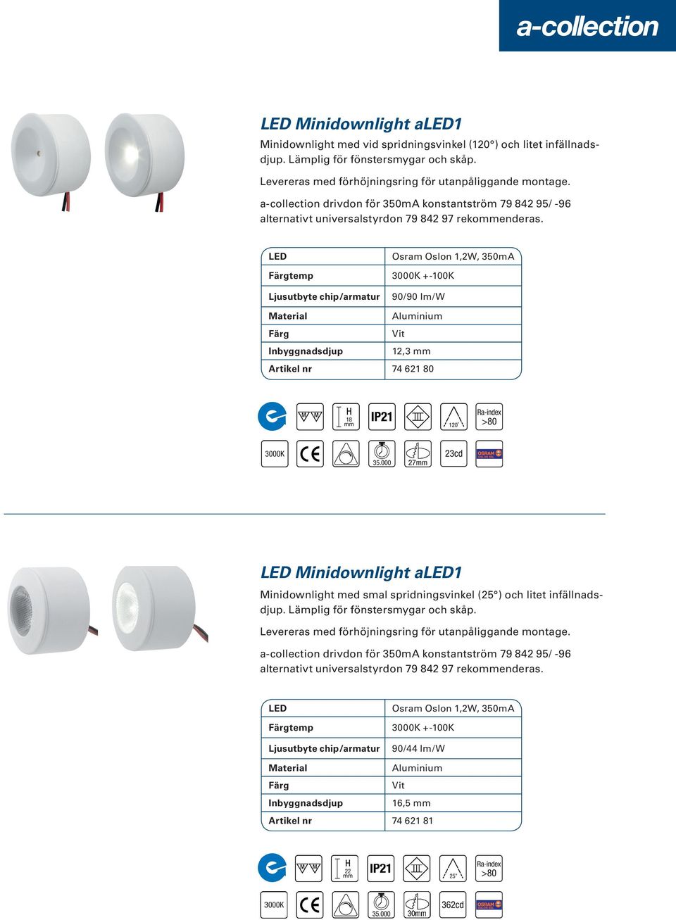 temp Osram Oslon 1,2W, 350mA 3000K +-100K 90/90 lm/w Vit Inbyggnadsdjup 12,3 mm 74 621 80 Minidownlight a1 Minidownlight med smal spridningsvinkel (25 ) och litet infällnadsdjup.