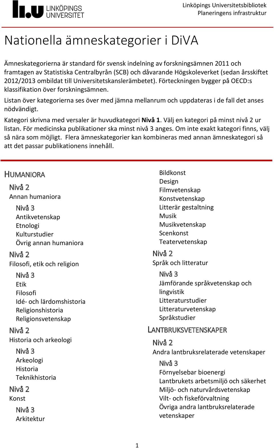 Listan över kategorierna ses över med jämna mellanrum och uppdateras i de fall det anses nödvändigt. Kategori skrivna med versaler är huvudkategori Nivå 1. Välj en kategori på minst nivå 2 ur listan.