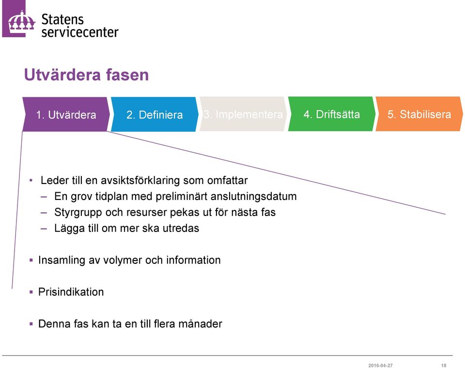 anslutningsdatum Styrgrupp och resurser pekas ut för nästa fas Lägga till om mer ska