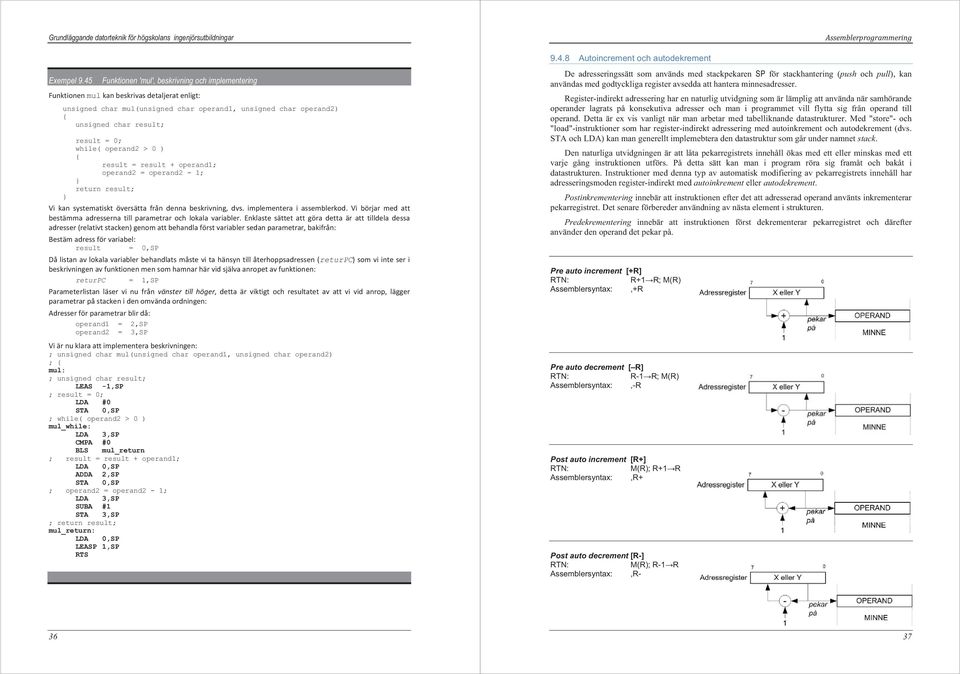 while( operand2 > 0 ) { result = result + operand1; operand2 = operand2-1; } return result; Vi kan systematiskt översätta från denna beskrivning, dvs. implementera i assemblerkod.