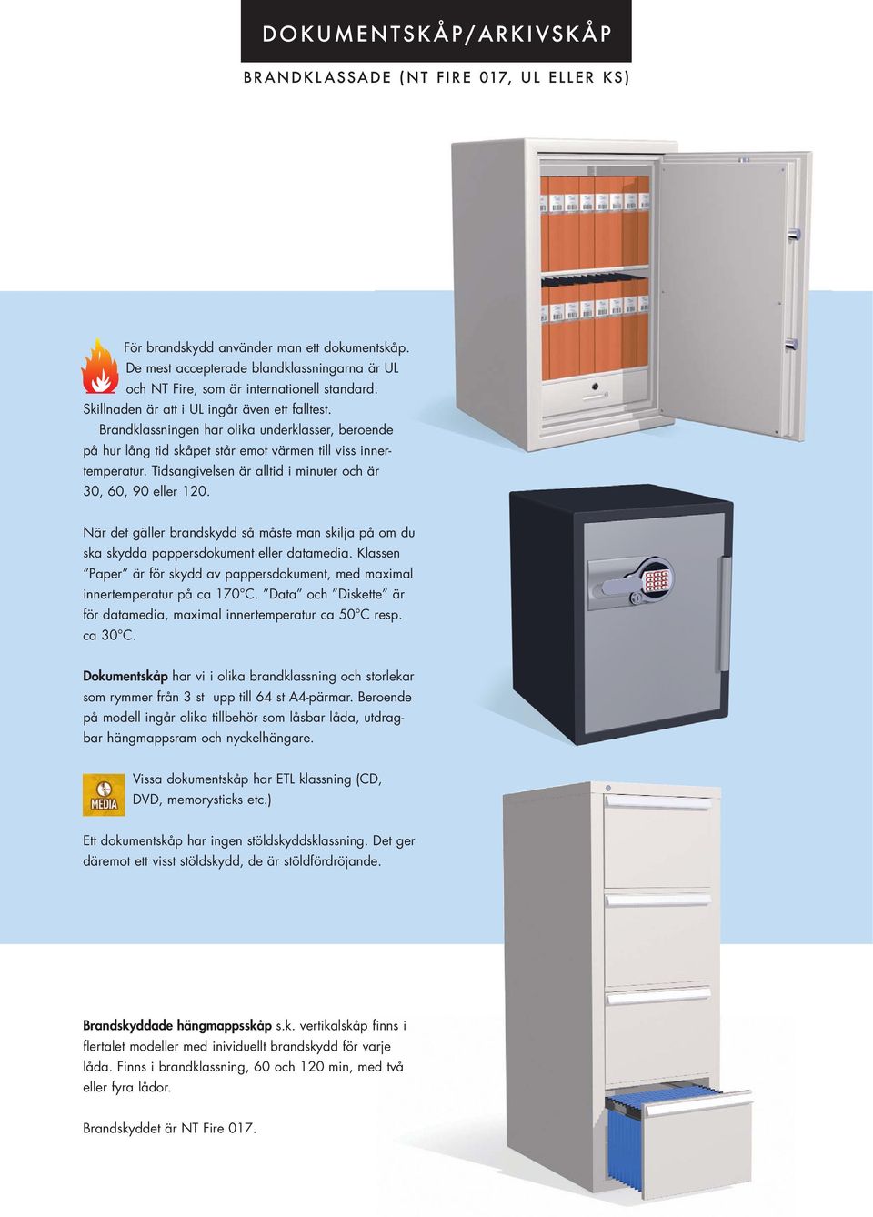 Tidsangivelsen är alltid i minuter och är 30, 60, 90 eller 120. När det gäller brandskydd så måste man skilja på om du ska skydda pappersdokument eller datamedia.