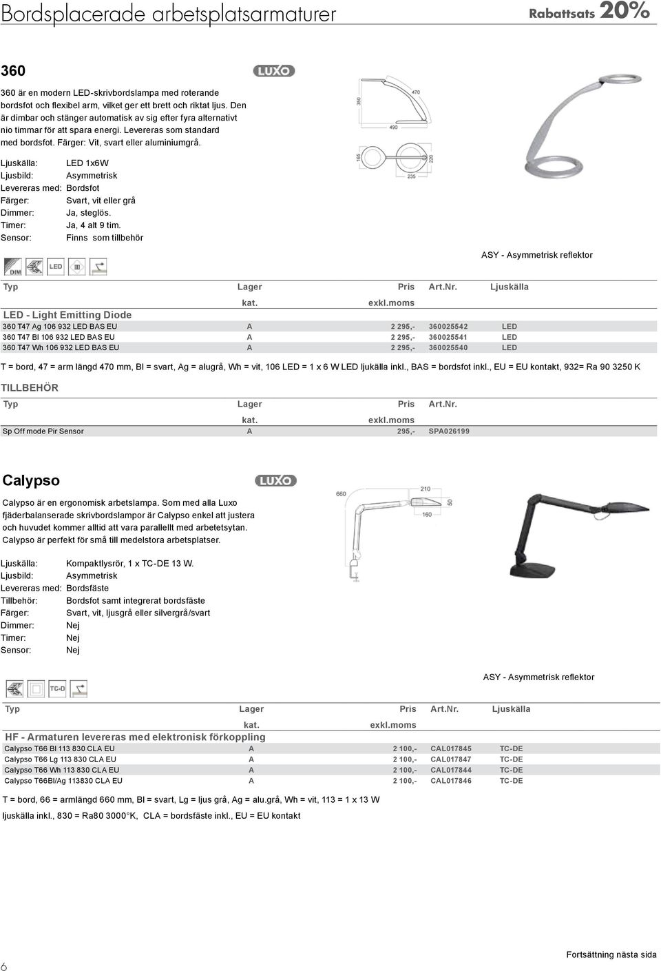 Ljuskälla: LED 1x6W Ljusbild: Asymmetrisk Levereras med: Bordsfot Färger: Svart, vit eller grå Dimmer: Ja, steglös. Timer: Ja, 4 alt 9 tim. Sensor: Finns som tillbehör ASY - Asymmetrisk reflektor Art.