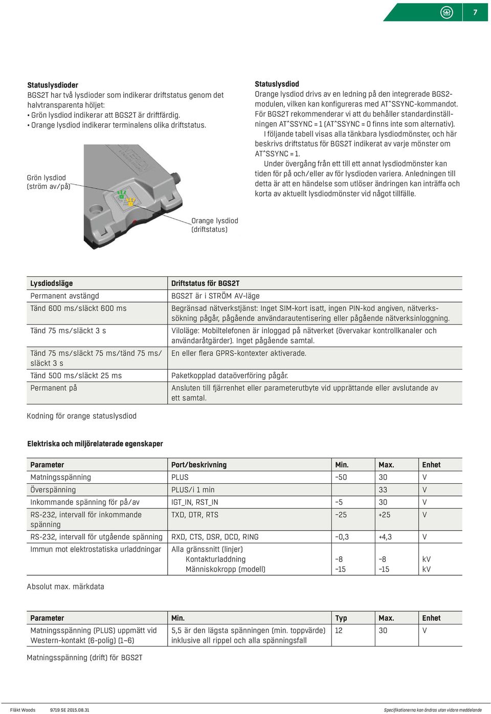 Grön lysdiod (ström av/på) Statuslysdiod Orange lysdiod drivs av en ledning på den integrerade BGS2- modulen, vilken kan konfigureras med AT^SSYNC-kommandot.