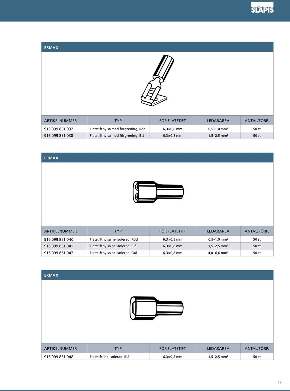 st  916 099 851 040 Flatstifthylsa helisolerad, Röd 6,3 0,8 mm 0,5 1,0 mm² 50 st 916 099 851 041 Flatstifthylsa helisolerad, Blå 6,3 0,8 mm 1,5 2,5 mm² 50