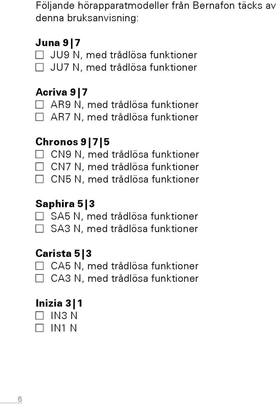 trådlösa funktioner CN7 N, med trådlösa funktioner CN5 N, med trådlösa funktioner Saphira 5 3 SA5 N, med trådlösa