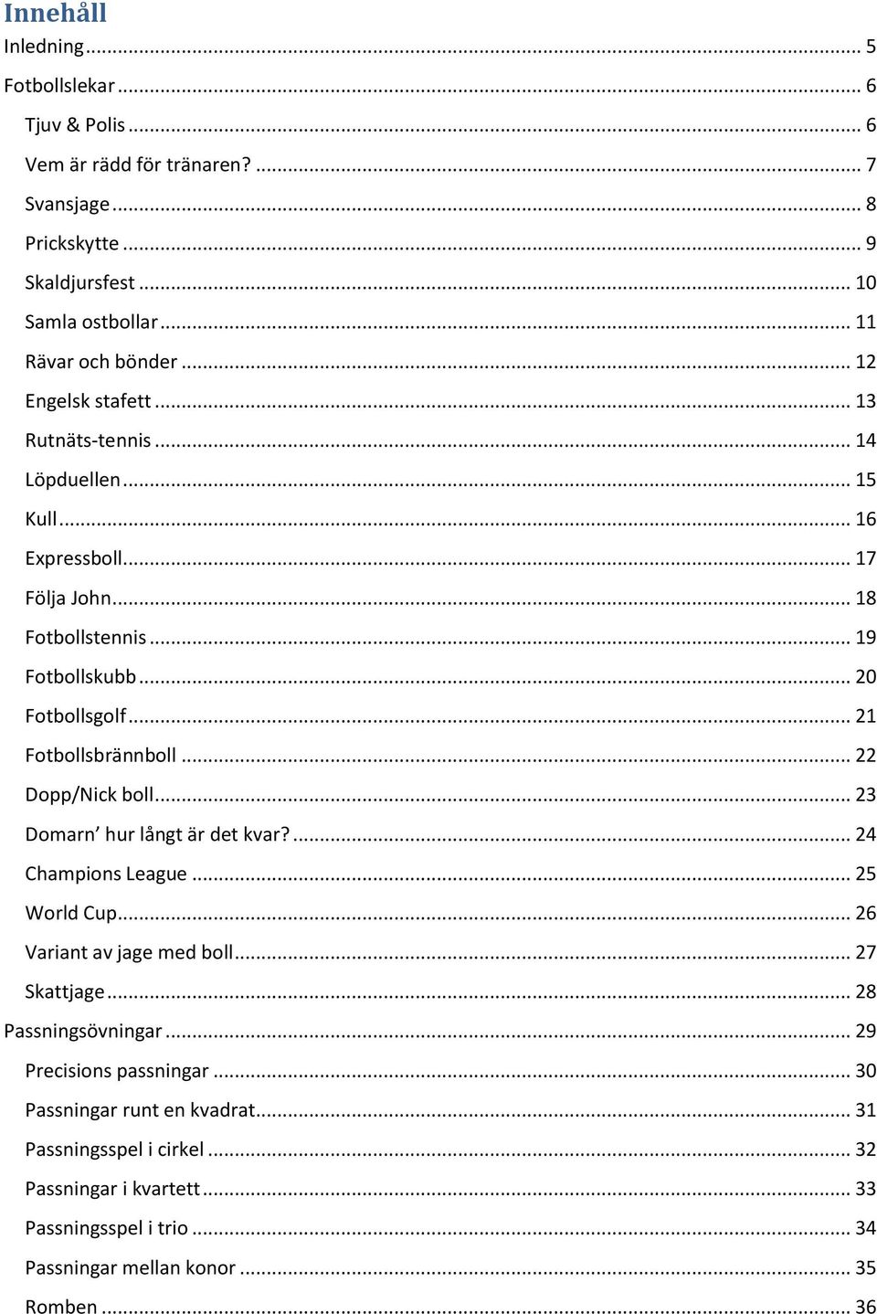 .. 21 Fotbollsbrännboll... 22 Dopp/Nick boll... 23 Domarn hur långt är det kvar?... 24 Champions League... 25 World Cup... 26 Variant av jage med boll... 27 Skattjage.