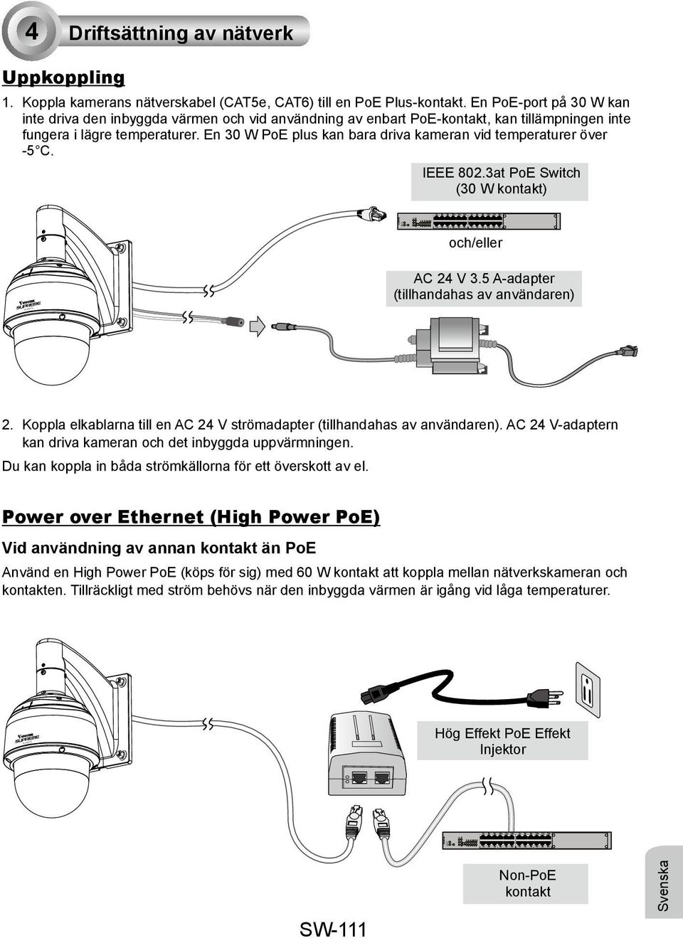 En 30 W PoE plus kan bara driva kameran vid temperaturer över -5 C. IEEE 802.3at PoE Switch (30 W kontakt) och/eller AC 24 V 3.5 A-adapter (tillhandahas av användaren) 2.