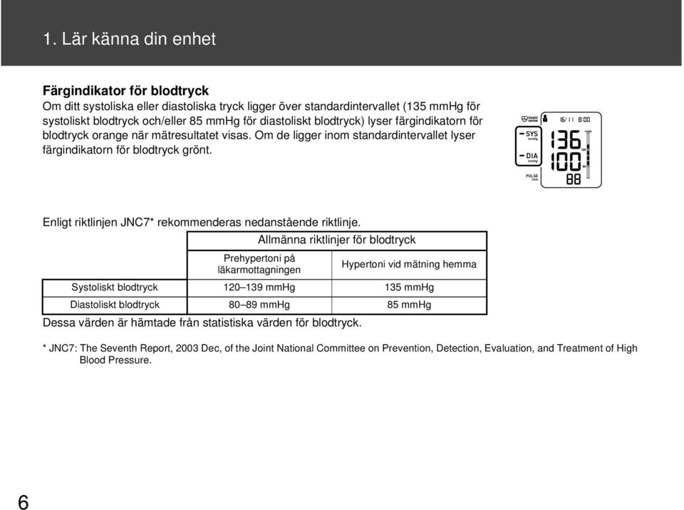 Enligt riktlinjen JNC7* rekommenderas nedanstående riktlinje. Allmänna riktlinjer för blodtryck Prehypertoni på läkarmottagningen Dessa värden är hämtade från statistiska värden för blodtryck.