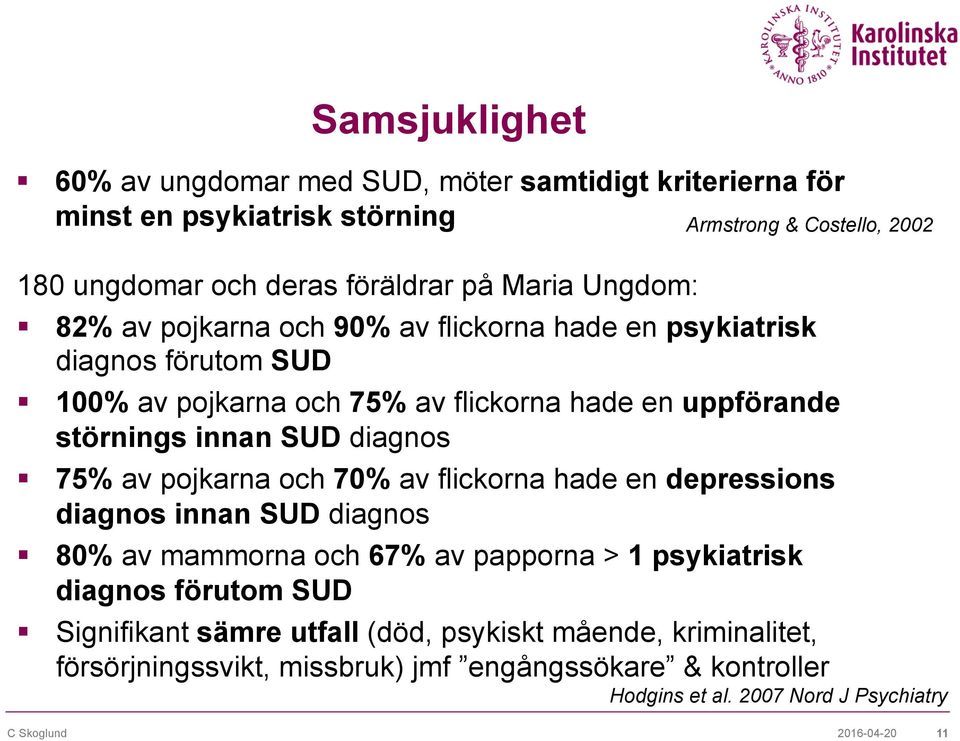 75% av pojkarna och 70% av flickorna hade en depressions diagnos innan SUD diagnos 80% av mammorna och 67% av papporna > 1 psykiatrisk diagnos förutom SUD Signifikant