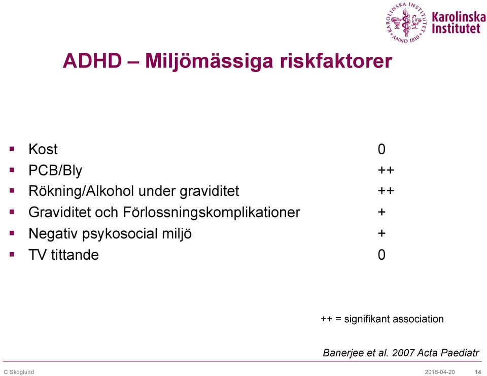 Negativ psykosocial miljö + TV tittande 0 ++ = signifikant