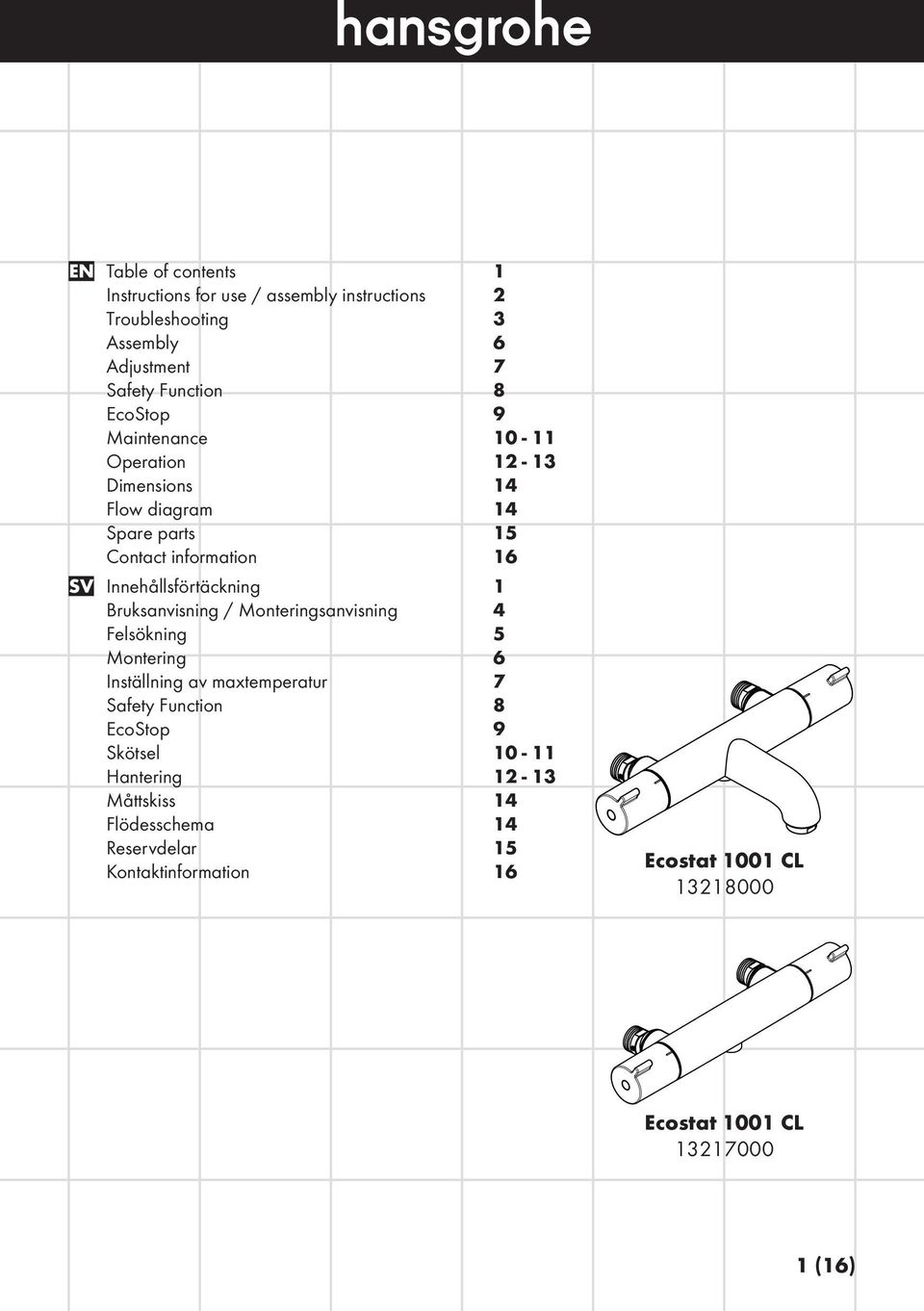 1 Bruksanvisning / Monteringsanvisning 4 Felsökning 5 Montering 6 Inställning av maxtemperatur 7 Safety Function 8 EcoStop 9 Skötsel