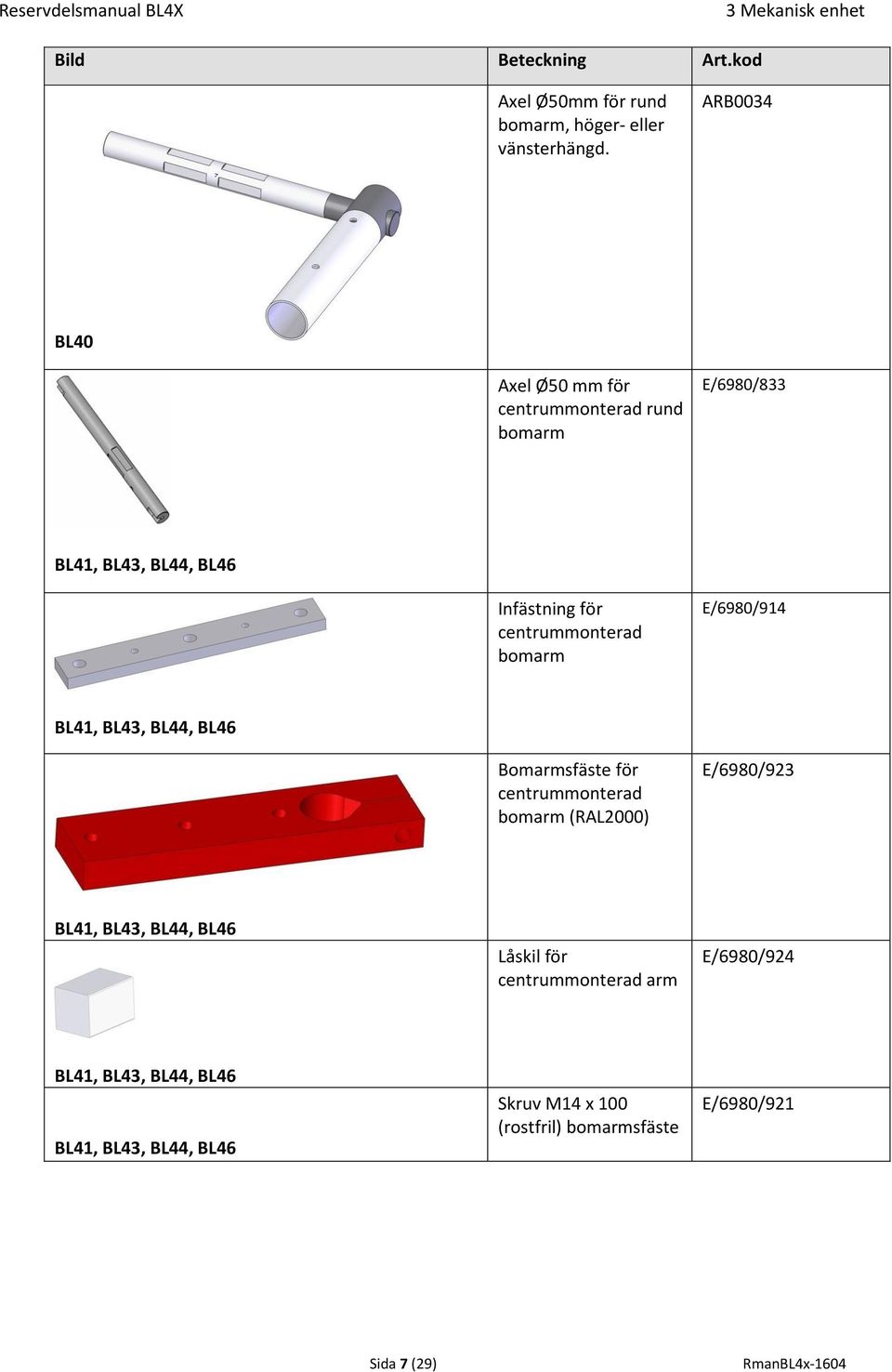 centrummonterad bomarm E/6980/914 BL41, BL43, BL44, BL46 Bomarmsfäste för centrummonterad bomarm (RAL2000) E/6980/923