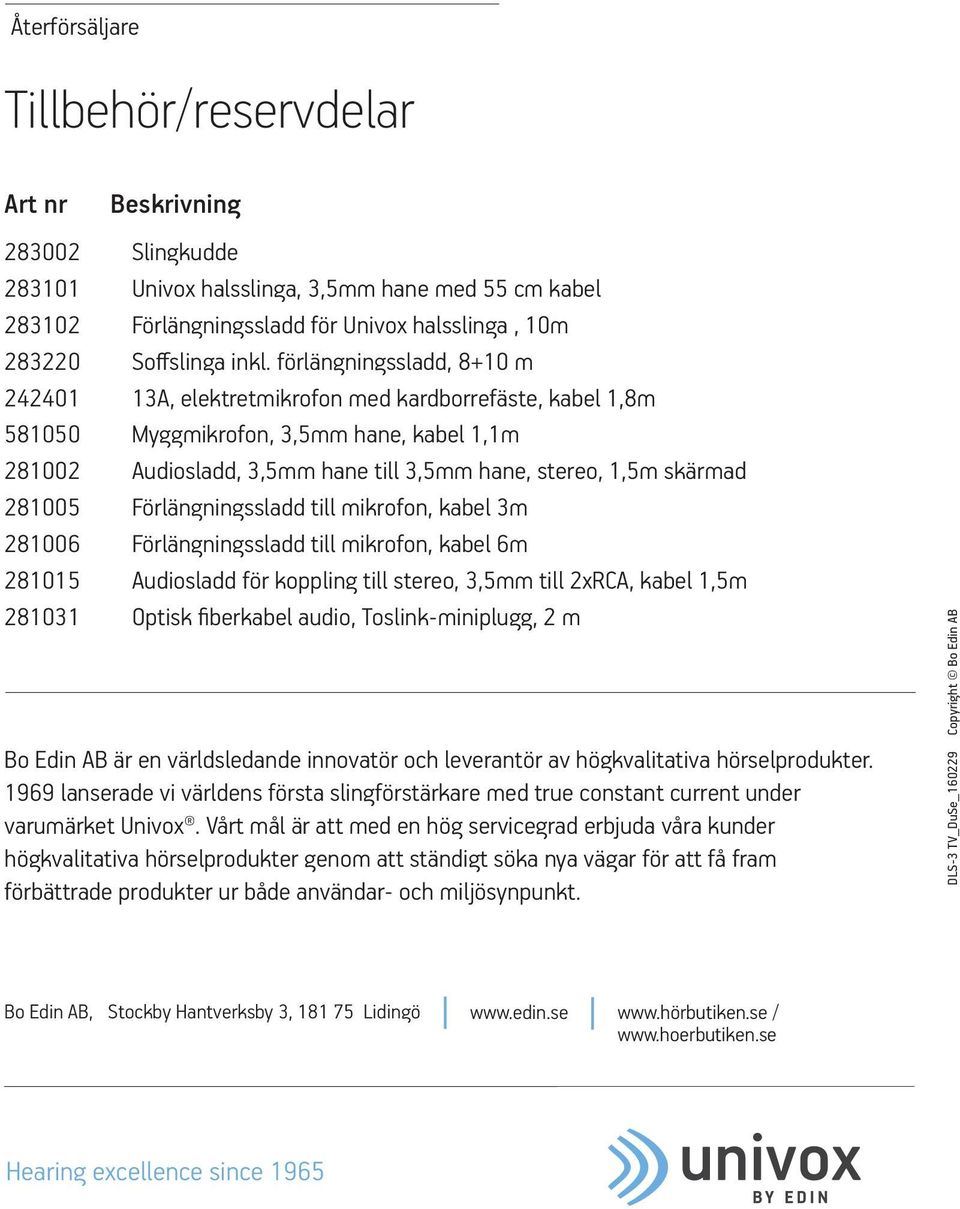 skärmad 281005 Förlängningssladd till mikrofon, kabel 3m 281006 Förlängningssladd till mikrofon, kabel 6m 281015 Audiosladd för koppling till stereo, 3,5mm till 2xRCA, kabel 1,5m 281031 Optisk