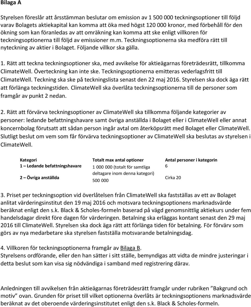 Följande villkor ska gälla. 1. Rätt att teckna teckningsoptioner ska, med avvikelse för aktieägarnas företrädesrätt, tillkomma ClimateWell. Överteckning kan inte ske.