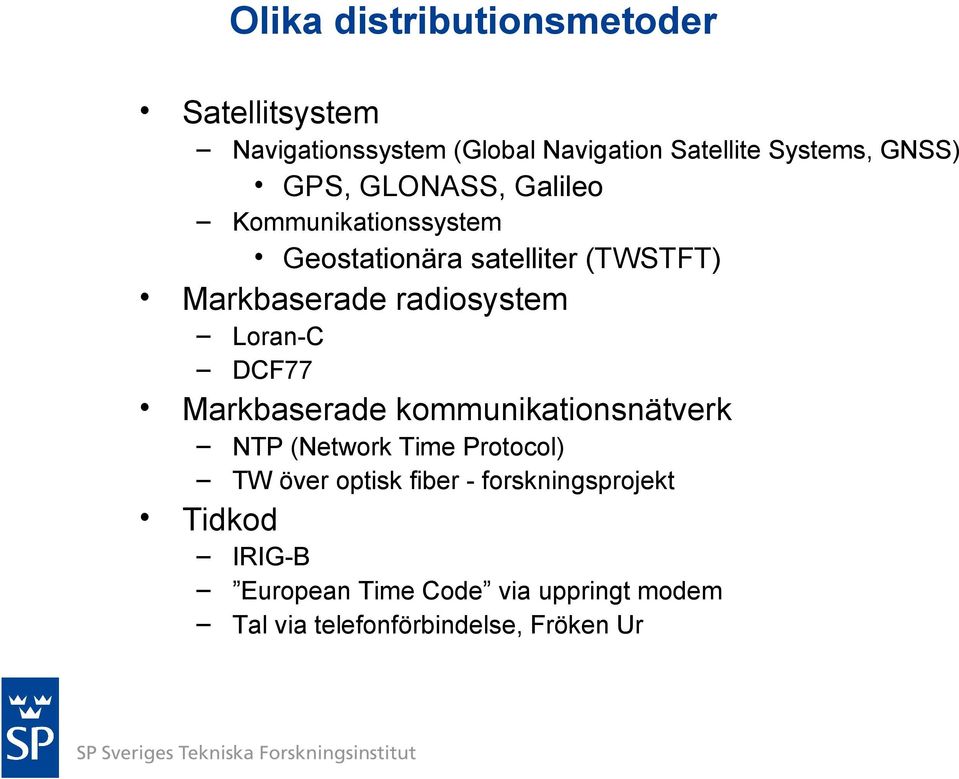 Loran-C DCF77 Markbaserade kommunikationsnätverk NTP (Network Time Protocol) TW över optisk fiber -