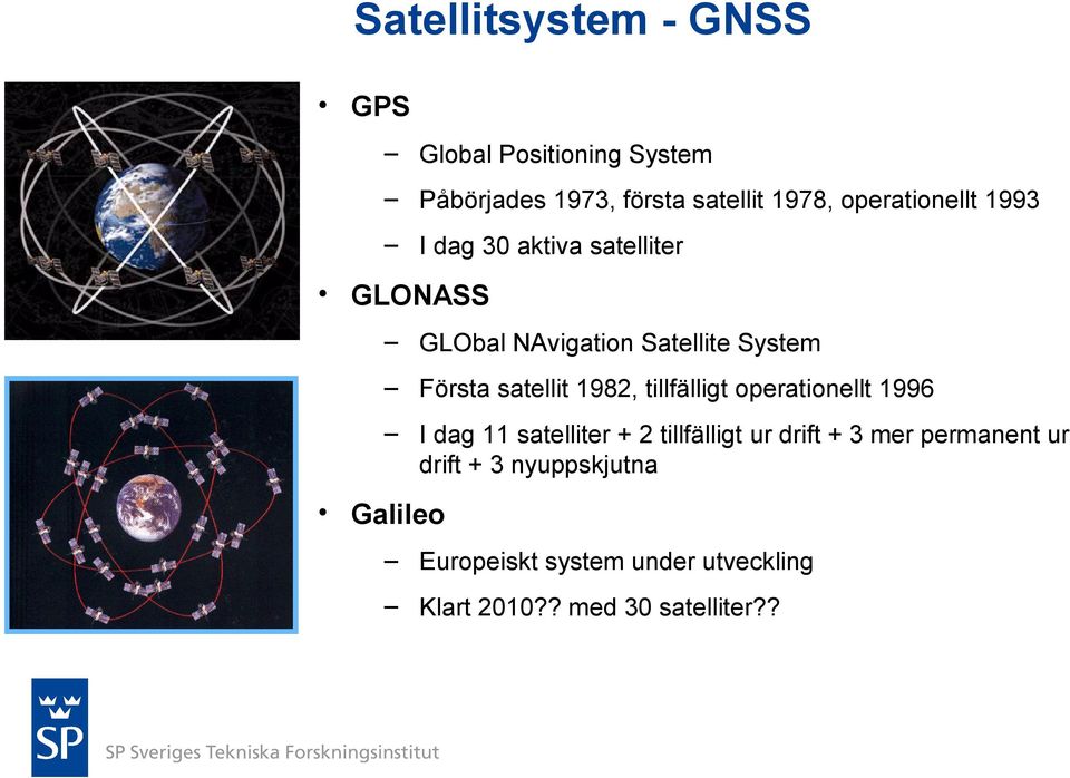 satellit 1982, tillfälligt operationellt 1996 I dag 11 satelliter + 2 tillfälligt ur drift + 3 mer