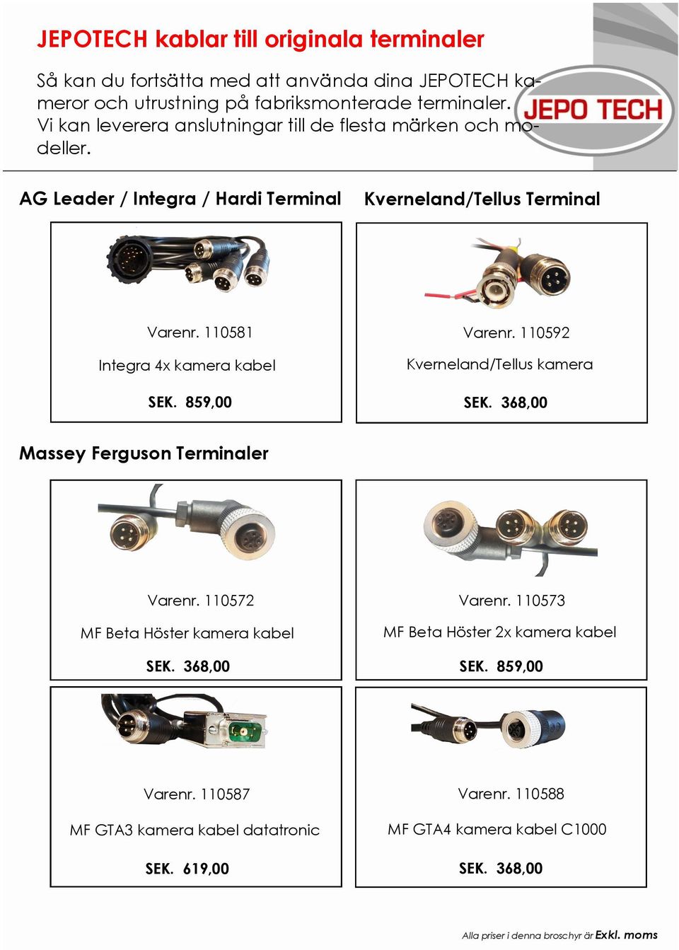 110581 Integra 4x kamera kabel SEK. 859,00 Varenr. 110592 Kverneland/Tellus kamera Massey Ferguson Terminaler Varenr.
