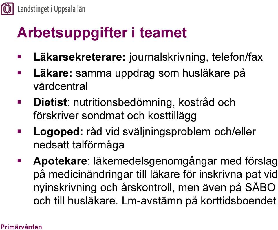 sväljningsproblem och/eller nedsatt talförmåga Apotekare: läkemedelsgenomgångar med förslag på medicinändringar