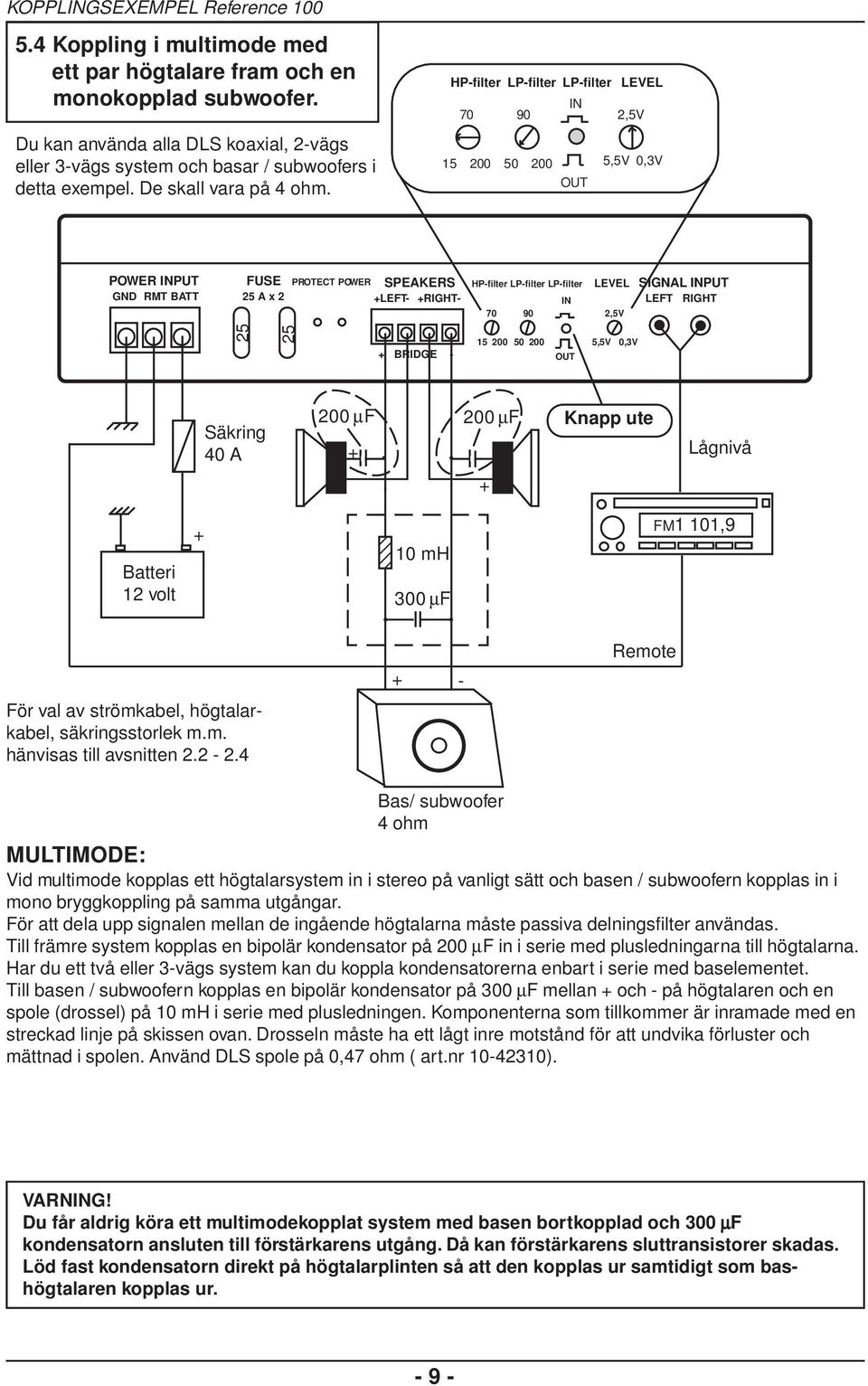 HPfilter LPfilter LPfilter POWER PUT FUSE PROTECT POWER A x 2 HPfilter LPfilter LPfilter SIGNAL PUT BRIDGE 200 µf 200 µf 12 12 12 12 10 mh 300 µf För val av strömkabel, högtalarkabel, säkringsstorlek