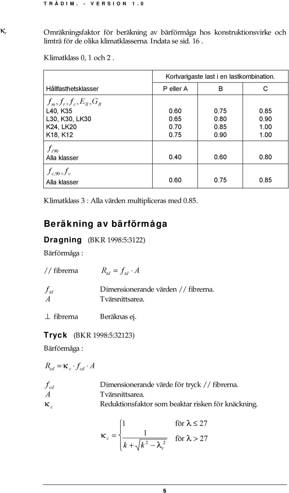 60 0.75 0.85 Klimatklass 3 : Alla värden multipliceras med 0.85. Beräkning av bärförmåga Dragning (BKR 1998:5:3122) Bärförmåga : // fibrerna R = f A td td f td A fibrerna Dimensionerande värden // fibrerna.