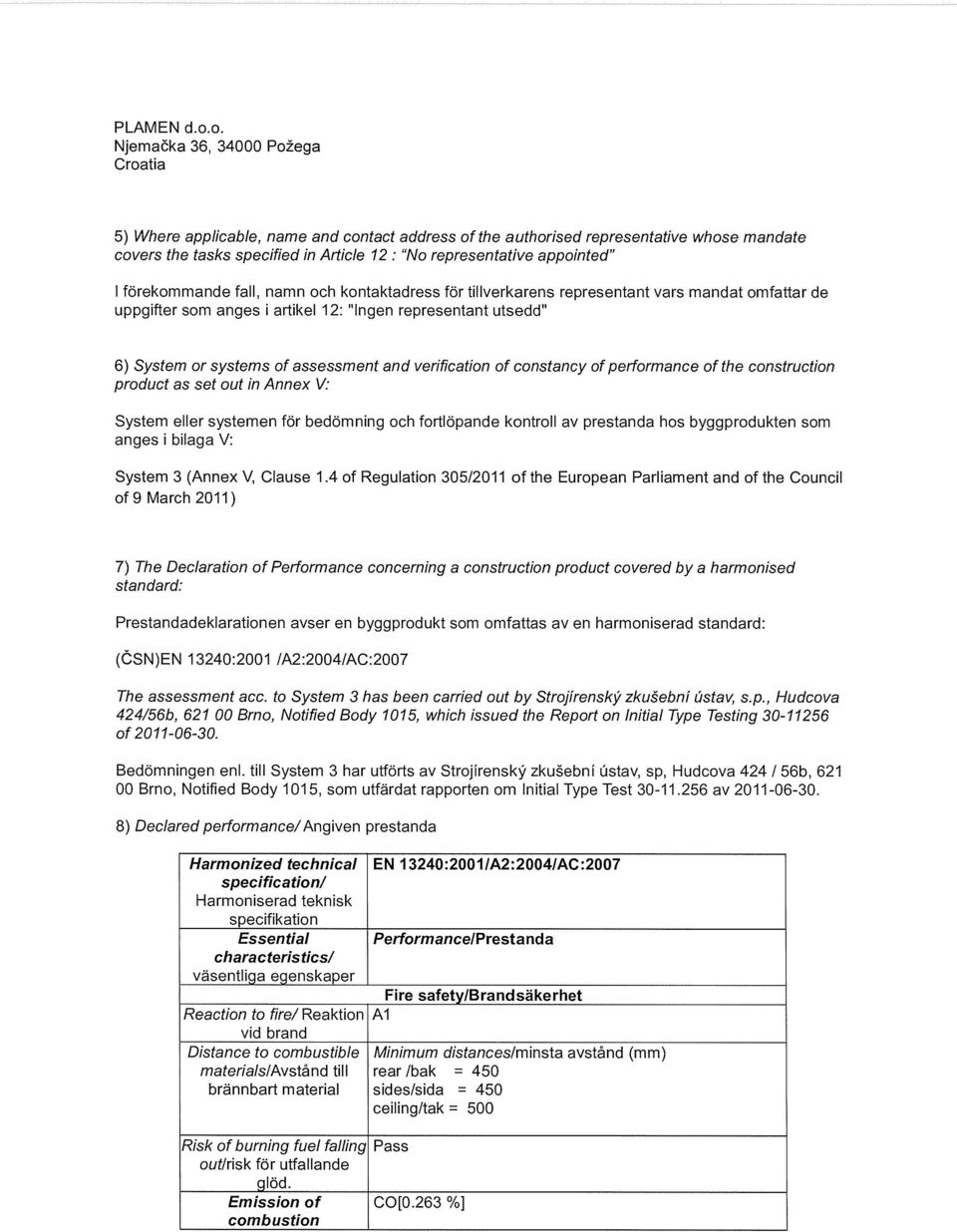 1 förekommande fall, namn och kontaktadress för tillverkarens representant vars mandat omfattar de uppgifter som anges i artikel 12: Ingen representant utsedd 6) System or systems of assessment and