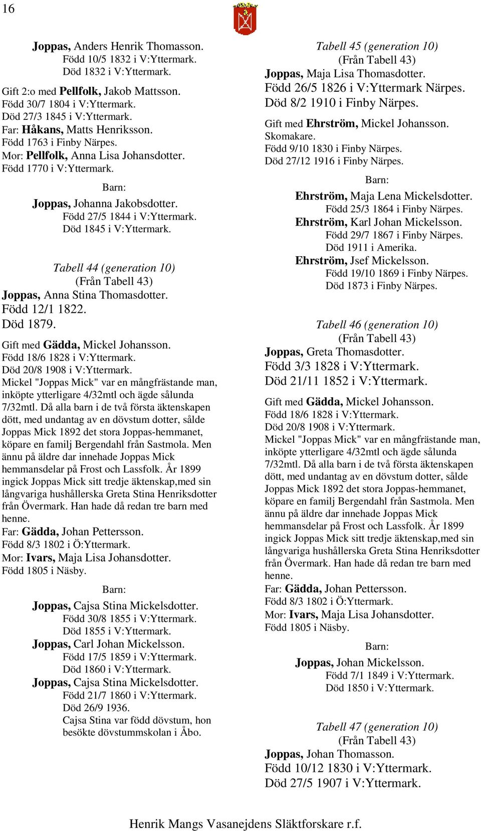Tabell 44 (generation 10) (Från Tabell 43) Joppas, Anna Stina Thomasdotter. Född 12/1 1822. Död 1879. Gift med Gädda, Mickel Johansson. Född 18/6 1828 i V:Yttermark. Död 20/8 1908 i V:Yttermark.
