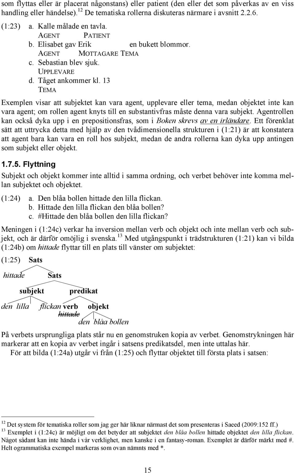 1 TEMA Exemplen visar att subjektet kan vara agent, upplevare eller tema, medan objektet inte kan vara agent; om rollen agent knyts till en substantivfras måste denna vara subjekt.