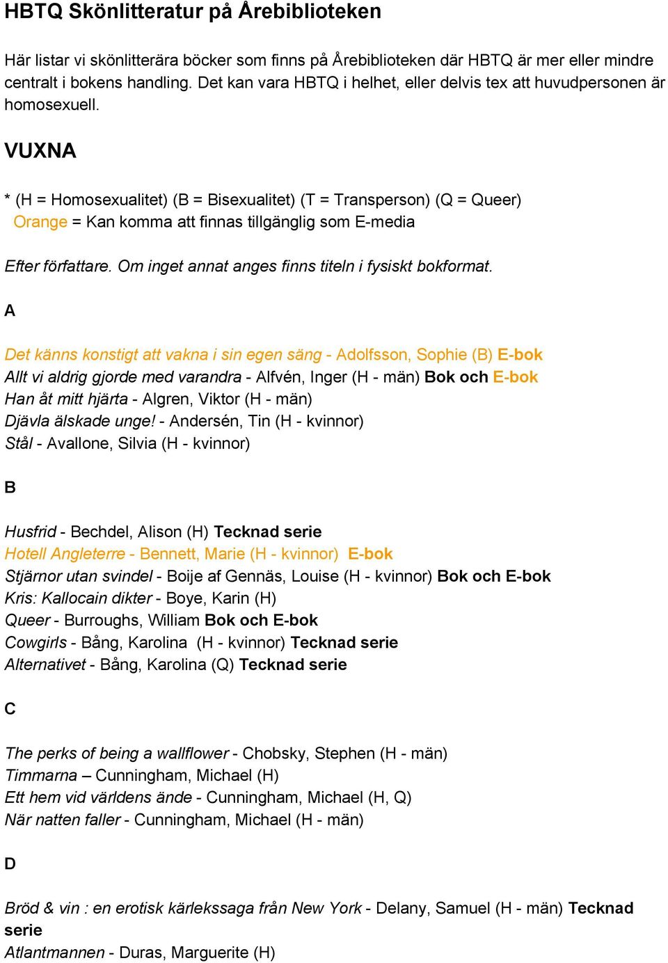 VUXNA * (H = Homosexualitet) (B = Bisexualitet) (T = Transperson) (Q = Queer) Orange = Kan komma att finnas tillgänglig som E media Efter författare.