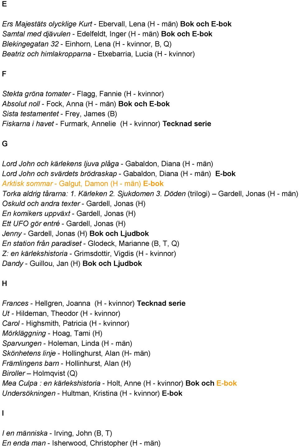 Annelie (H kvinnor) Tecknad serie G Lord John och kärlekens ljuva plåga Gabaldon, Diana (H män) Lord John och svärdets brödraskap Gabaldon, Diana (H män) E bok Arktisk sommar Galgut, Damon (H män) E
